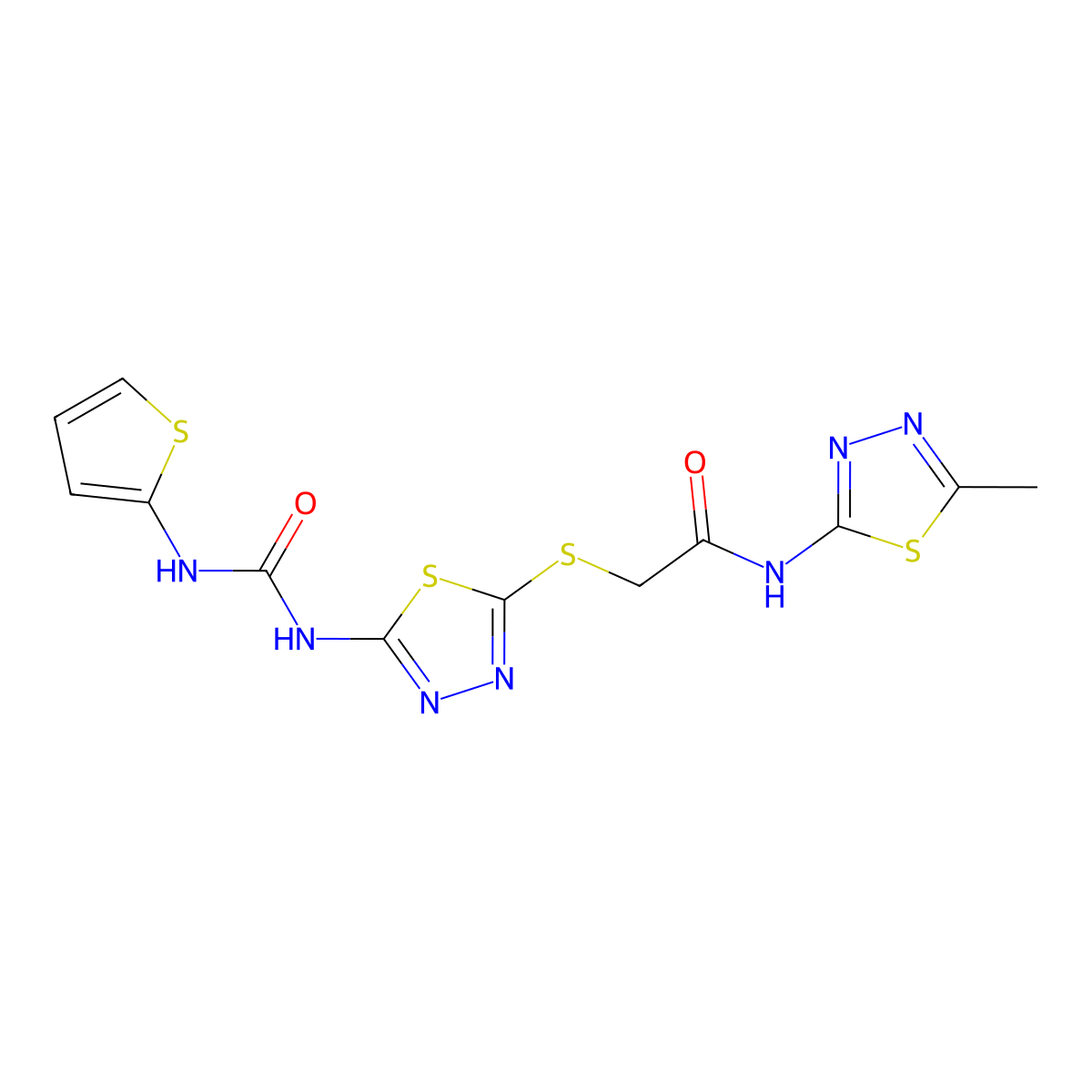 N-(5-methyl-1,3,4-thiadiazol-2-yl)-2-((5-(3-(thiophen-2-yl)ureido)-1,3,4-thiadiazol-2-yl)thio)acetamide molecular structure, CAS 1171972-11-4