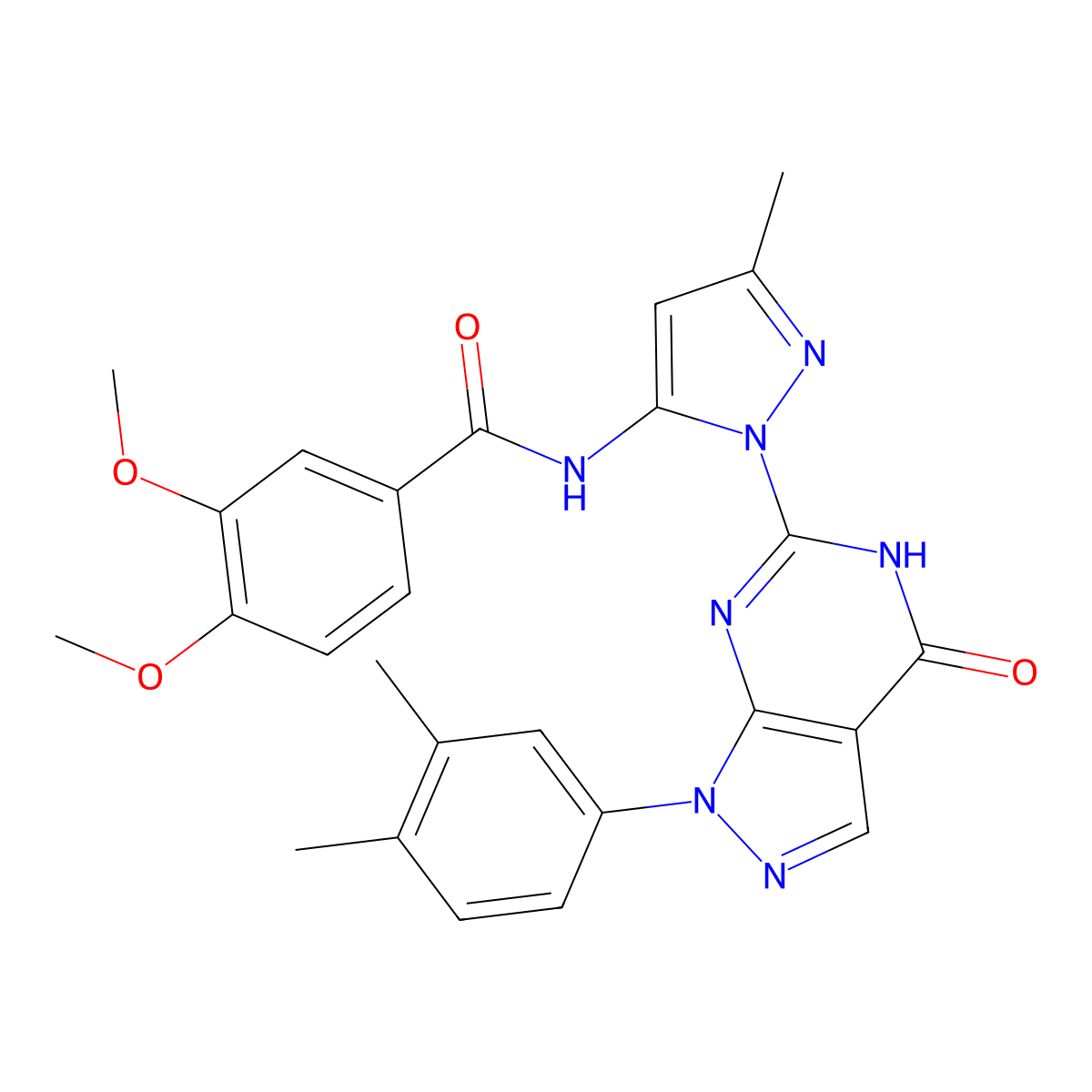 N-(1-(1-(3,4-dimethylphenyl)-4-oxo-4,5-dihydro-1H-pyrazolo[3,4-d]pyrimidin-6-yl)-3-methyl-1H-pyrazol-5-yl)-3,4-dimethoxybenzamide molecular structure, CAS 1171977-04-0