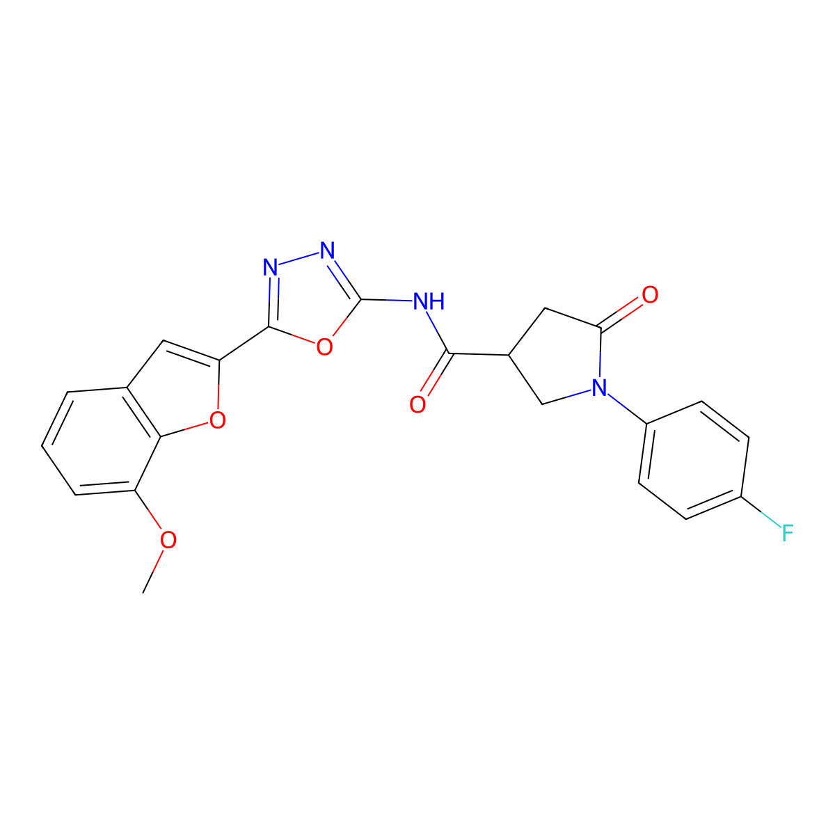 1-(4-fluorophenyl)-N-(5-(7-methoxybenzofuran-2-yl)-1,3,4-oxadiazol-2-yl)-5-oxopyrrolidine-3-carboxamide molecular structure, CAS 1171977-35-7