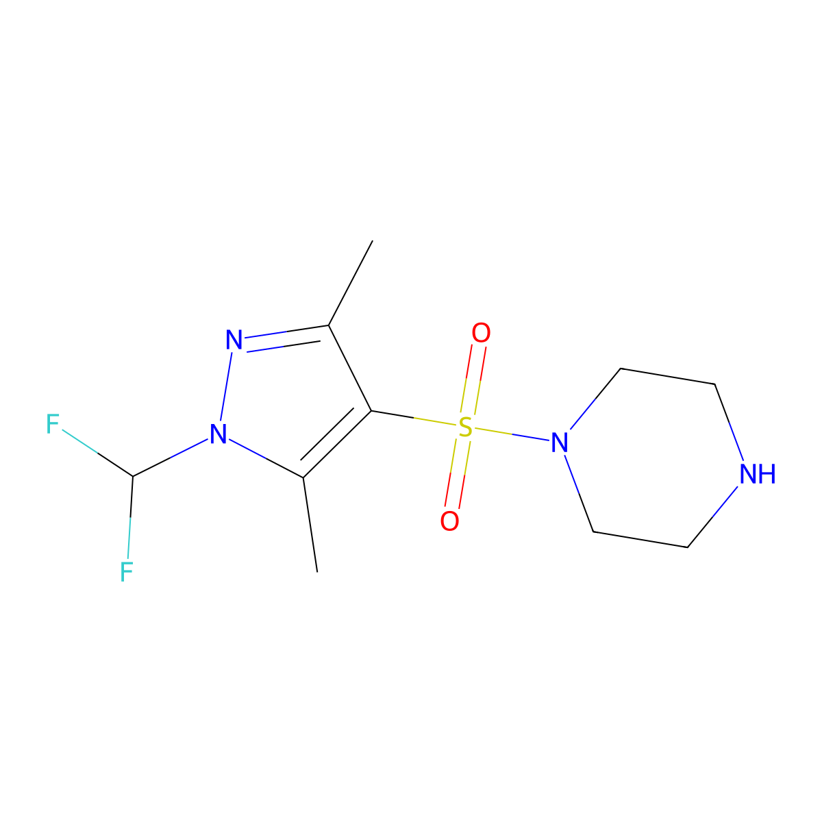 1-((1-(Difluoromethyl)-3,5-dimethyl-1H-pyrazol-4-yl)sulfonyl)piperazine molecular structure, CAS 1171977-38-0