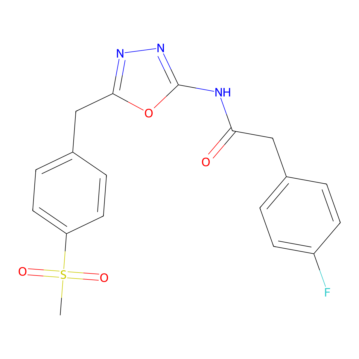 2-(4-fluorophenyl)-N-(5-(4-(methylsulfonyl)benzyl)-1,3,4-oxadiazol-2-yl)acetamide molecular structure, CAS 1171977-83-5