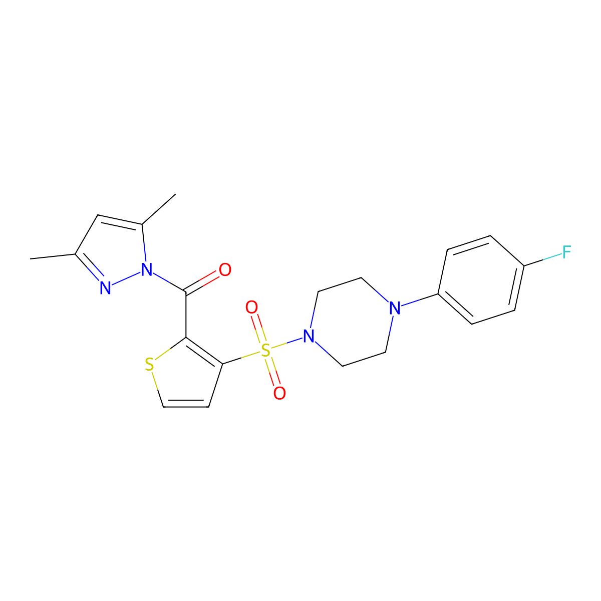 1-({2-[(3,5-dimethyl-1H-pyrazol-1-yl)carbonyl]-3-thienyl}sulfonyl)-4-(4-fluorophenyl)piperazine molecular structure, CAS 1171980-55-4
