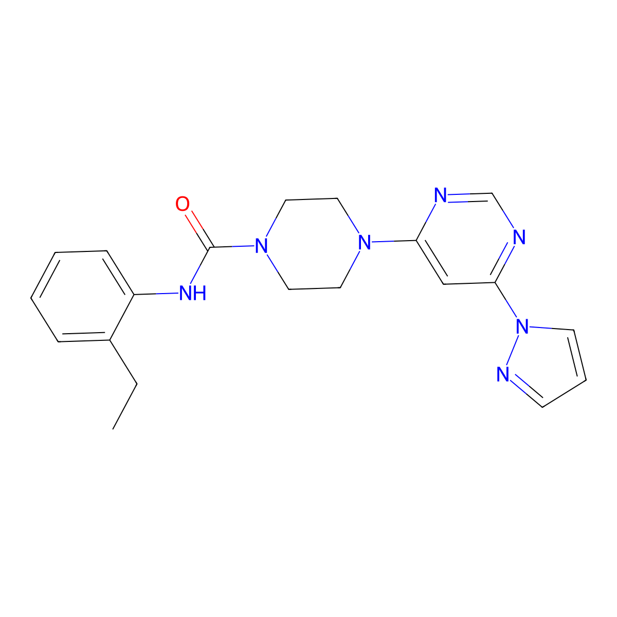 4-(6-(1H-pyrazol-1-yl)pyrimidin-4-yl)-N-(2-ethylphenyl)piperazine-1-carboxamide molecular structure, CAS 1171986-54-1