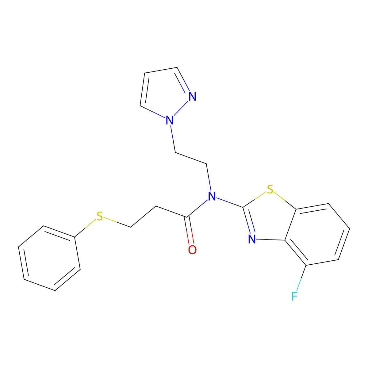 N-(2-(1H-pyrazol-1-yl)ethyl)-N-(4-fluorobenzo[d]thiazol-2-yl)-3-(phenylthio)propanamide molecular structure, CAS 1171988-57-0