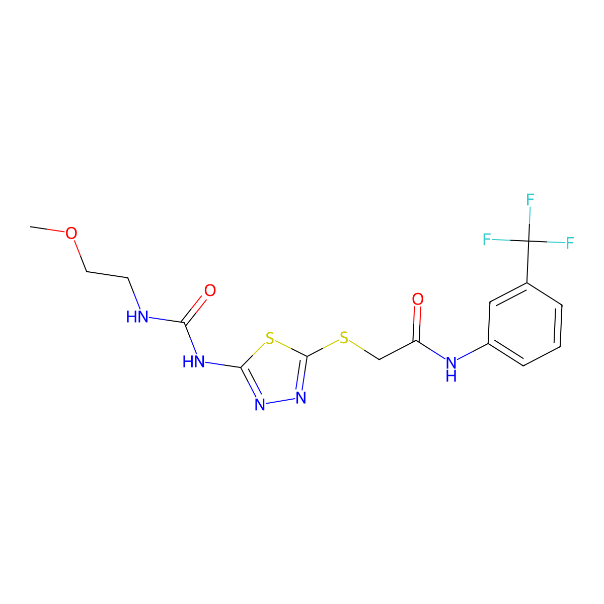 2-((5-(3-(2-methoxyethyl)ureido)-1,3,4-thiadiazol-2-yl)thio)-N-(3-(trifluoromethyl)phenyl)acetamide molecular structure, CAS 1171991-48-2