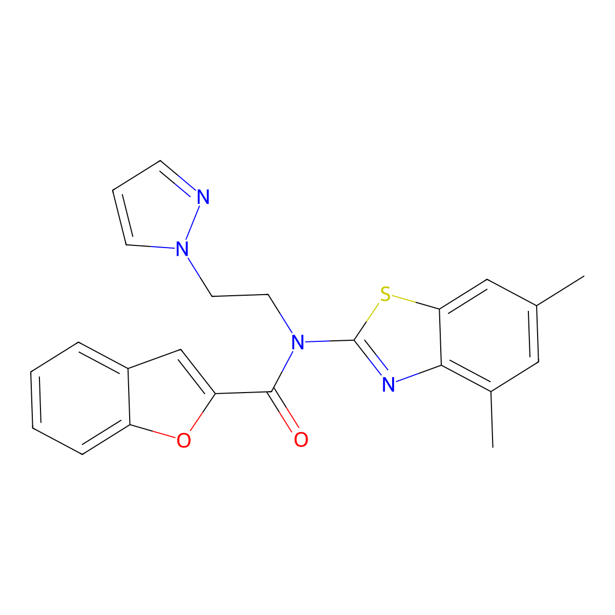 N-(2-(1H-pyrazol-1-yl)ethyl)-N-(4,6-dimethylbenzo[d]thiazol-2-yl)benzofuran-2-carboxamide molecular structure, CAS 1171993-28-4