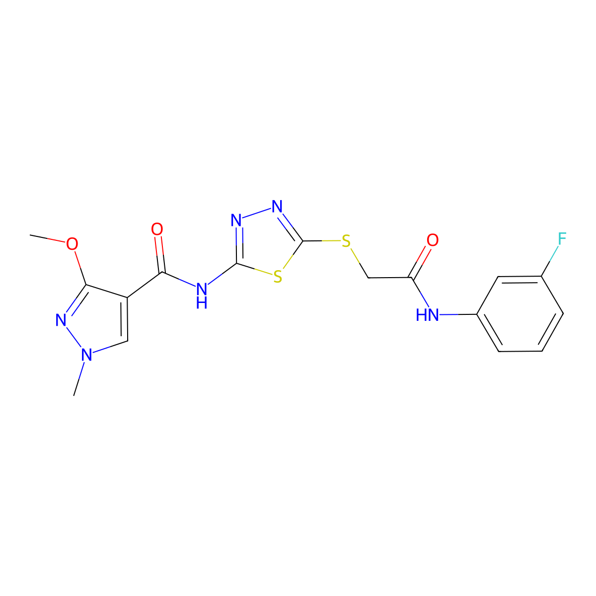 N-(5-((2-((3-fluorophenyl)amino)-2-oxoethyl)thio)-1,3,4-thiadiazol-2-yl)-3-methoxy-1-methyl-1H-pyrazole-4-carboxamide molecular structure, CAS 1171995-53-1