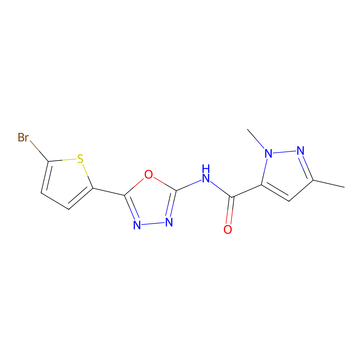N-(5-(5-bromothiophen-2-yl)-1,3,4-oxadiazol-2-yl)-1,3-dimethyl-1H-pyrazole-5-carboxamide molecular structure, CAS 1171996-77-2