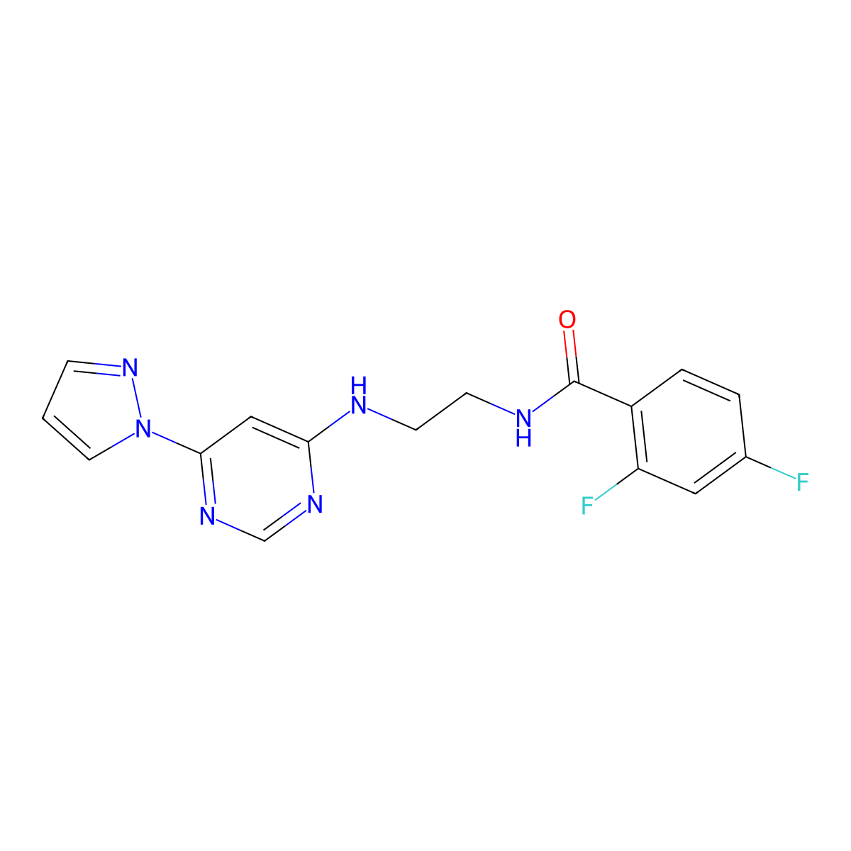 N-(2-((6-(1H-pyrazol-1-yl)pyrimidin-4-yl)amino)ethyl)-2,4-difluorobenzamide molecular structure, CAS 1171996-96-5
