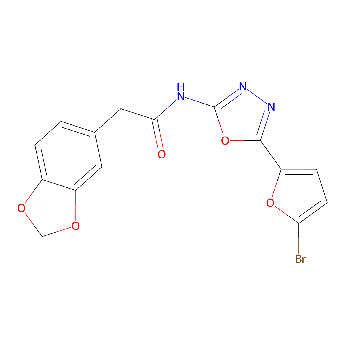 2-(benzo[d][1,3]dioxol-5-yl)-N-(5-(5-bromofuran-2-yl)-1,3,4-oxadiazol-2-yl)acetamide molecular structure, CAS 1171997-07-1