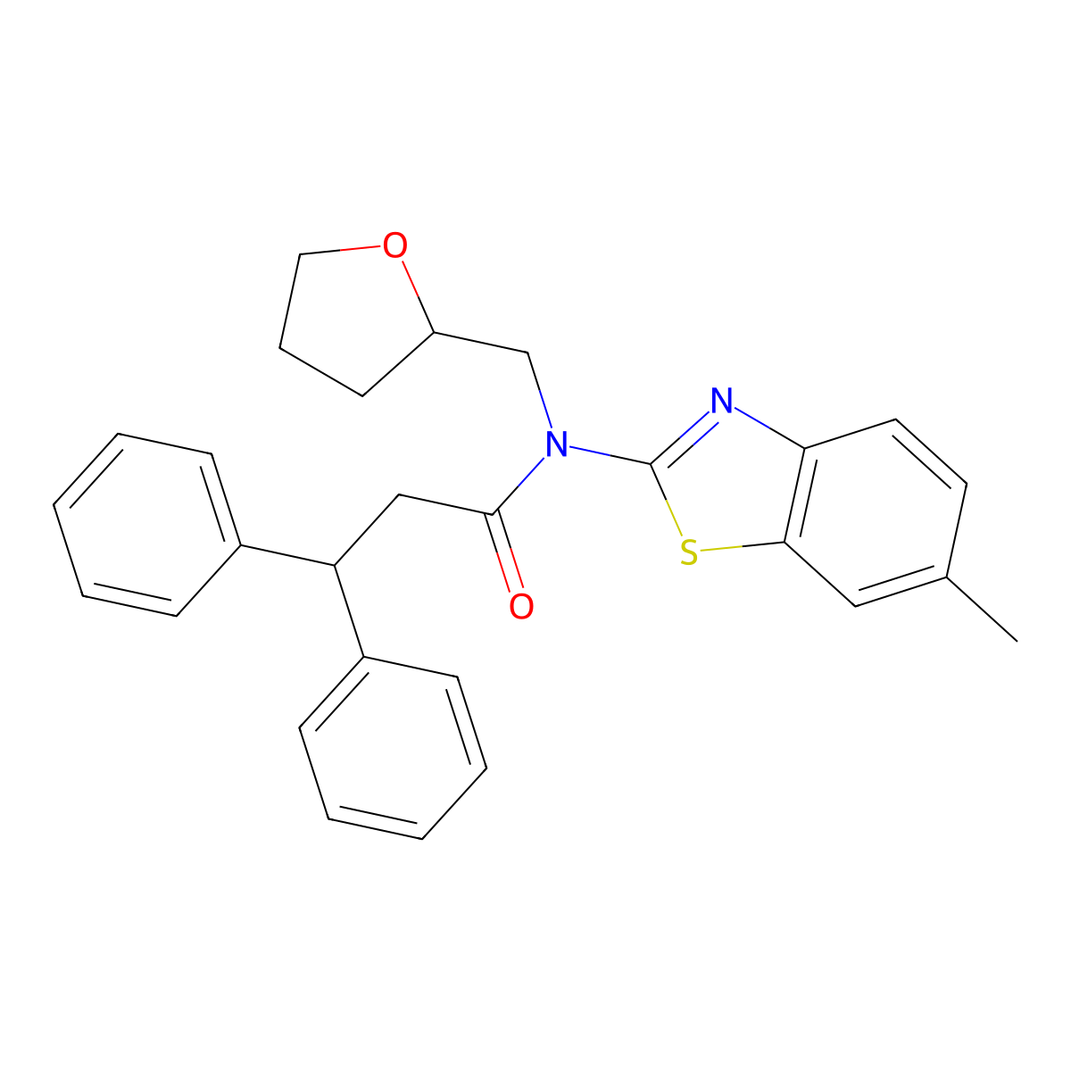 N-(6-methylbenzo[d]thiazol-2-yl)-3,3-diphenyl-N-((tetrahydrofuran-2-yl)methyl)propanamide molecular structure, CAS 1171997-50-4