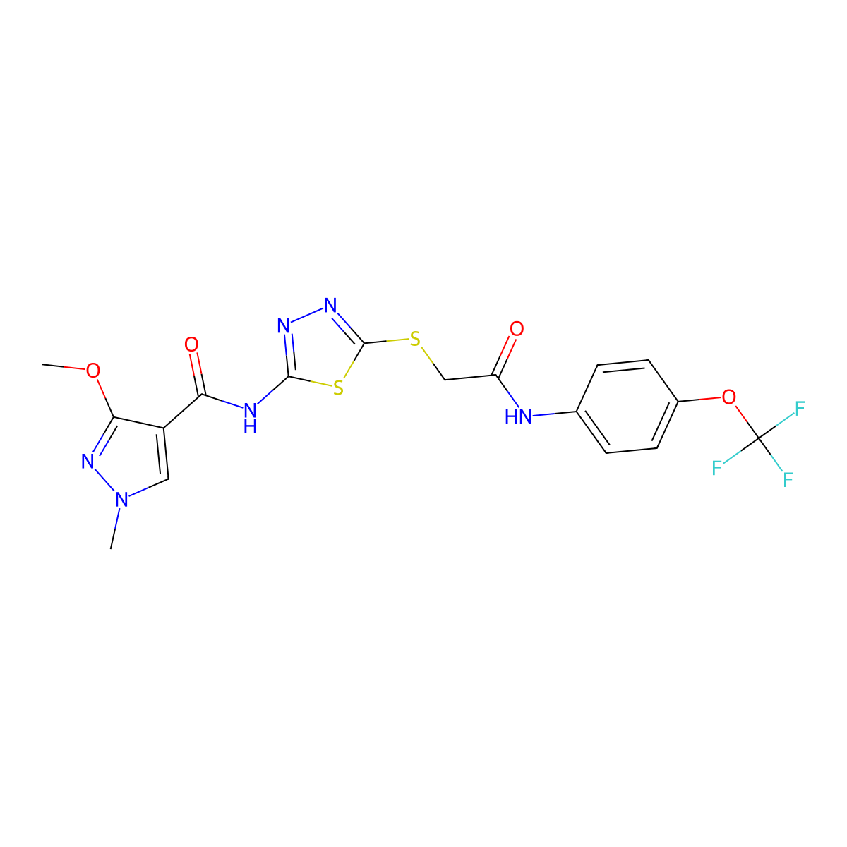 3-methoxy-1-methyl-N-(5-((2-oxo-2-((4-(trifluoromethoxy)phenyl)amino)ethyl)thio)-1,3,4-thiadiazol-2-yl)-1H-pyrazole-4-carboxamide molecular structure, CAS 1172001-12-5
