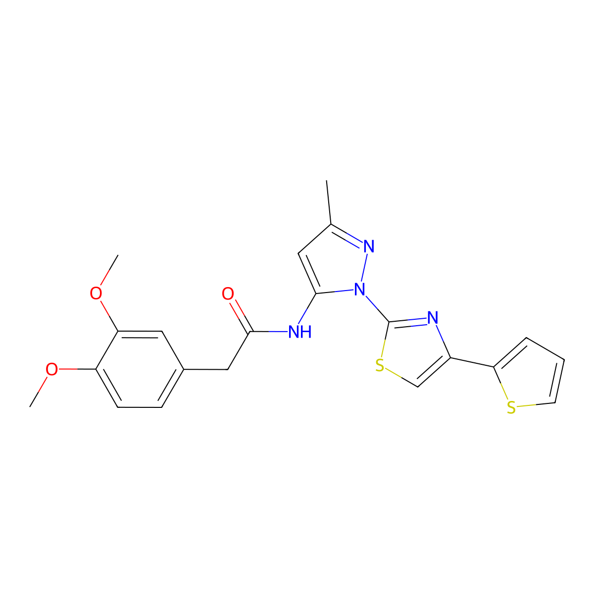 2-(3,4-dimethoxyphenyl)-N-(3-methyl-1-(4-(thiophen-2-yl)thiazol-2-yl)-1H-pyrazol-5-yl)acetamide molecular structure, CAS 1172003-49-4