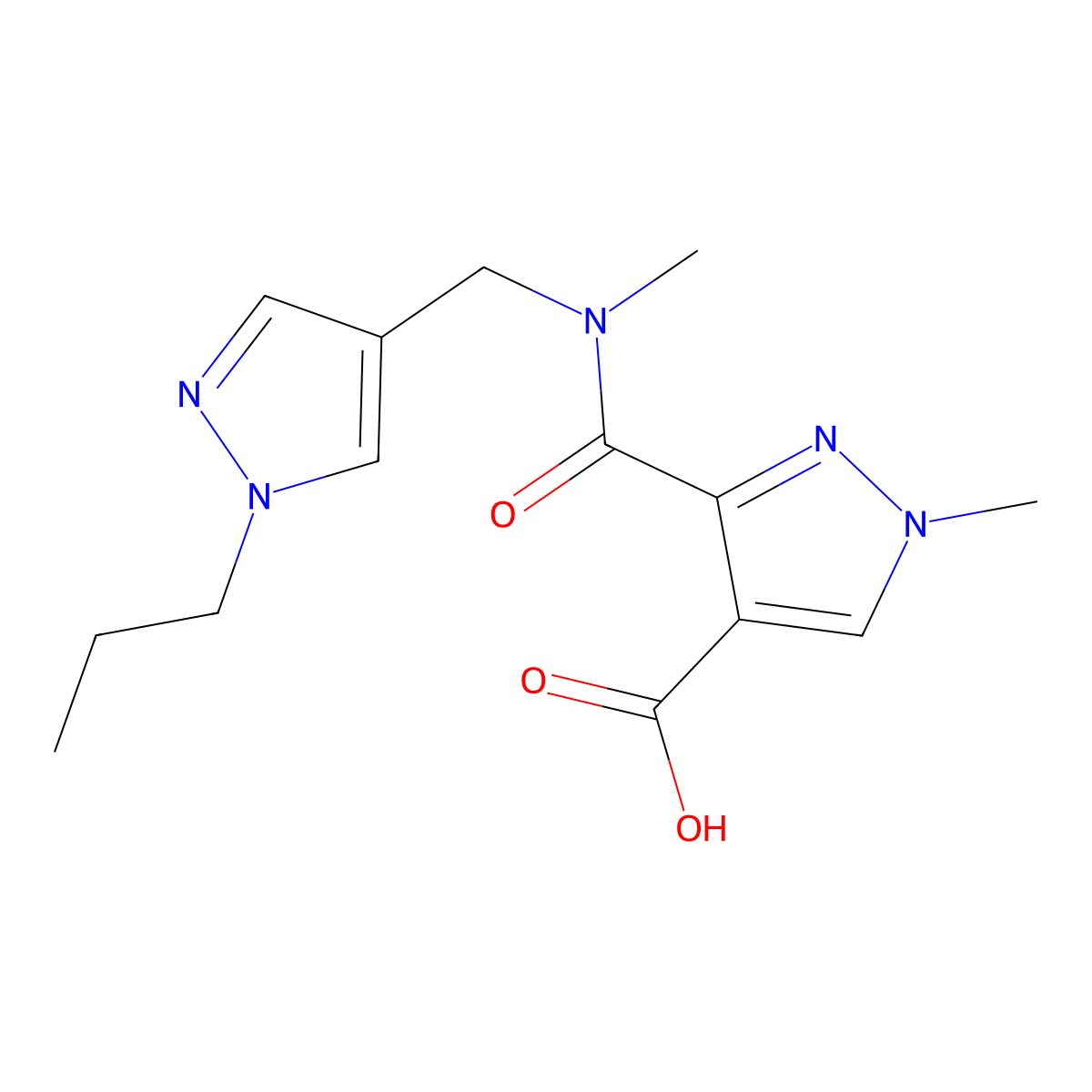 1-methyl-3-(methyl((1-propyl-1H-pyrazol-4-yl)methyl)carbamoyl)-1H-pyrazole-4-carboxylic acid molecular structure, CAS 1172003-85-8