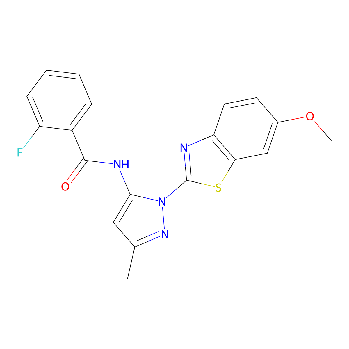2-fluoro-N-[1-(6-methoxy-1,3-benzothiazol-2-yl)-3-methyl-1H-pyrazol-5-yl]benzamide molecular structure, CAS 1172005-08-1