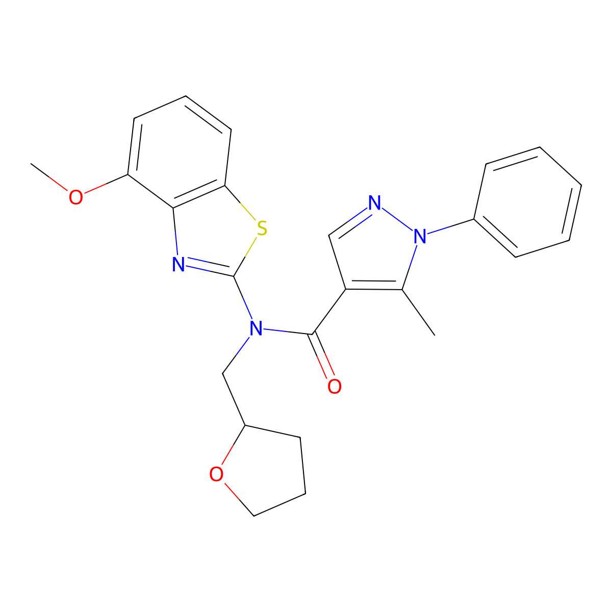 N-(4-methoxybenzo[d]thiazol-2-yl)-5-methyl-1-phenyl-N-((tetrahydrofuran-2-yl)methyl)-1H-pyrazole-4-carboxamide molecular structure, CAS 1172008-60-4