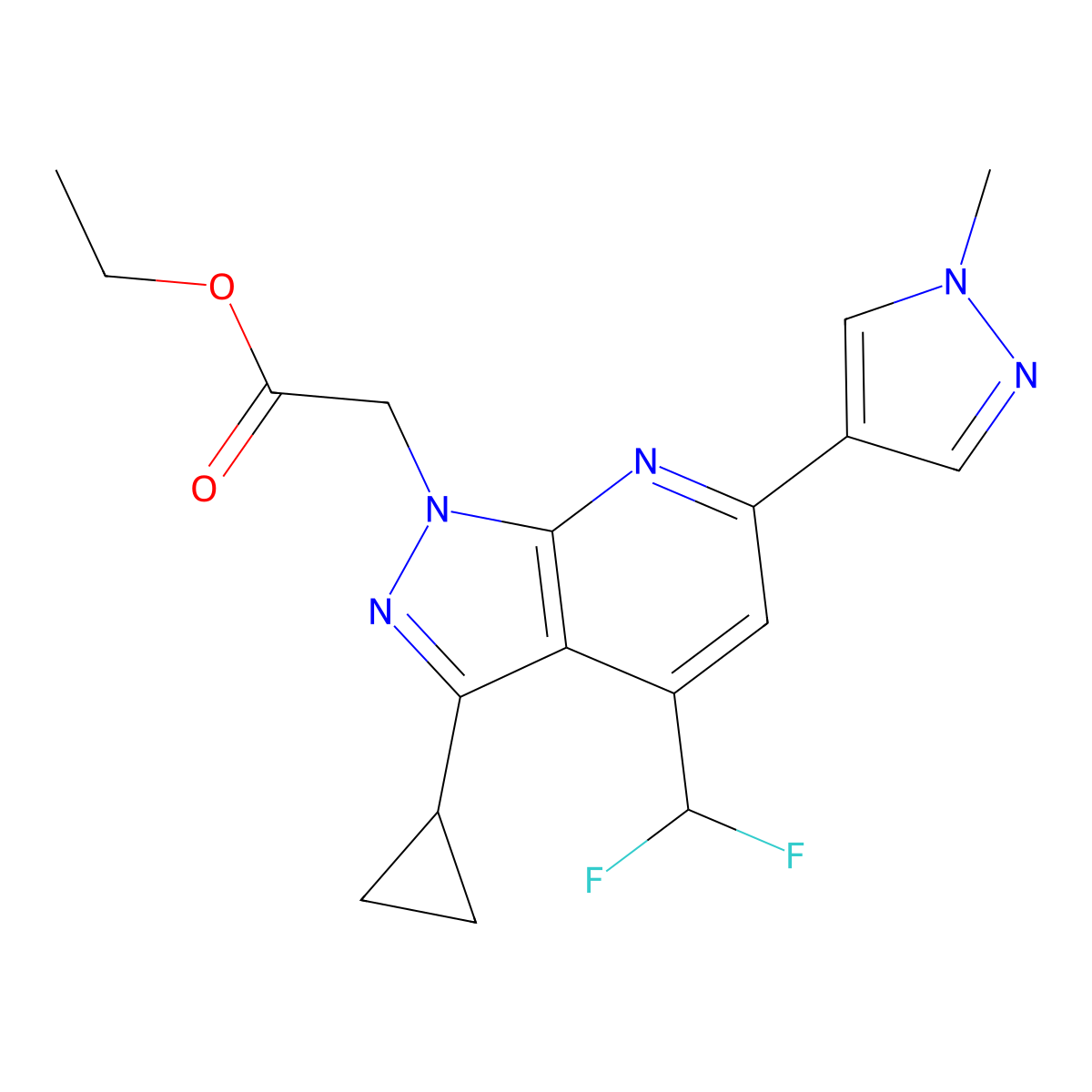 Ethyl 2-(3-cyclopropyl-4-(difluoromethyl)-6-(1-methyl-1H-pyrazol-4-yl)-1H-pyrazolo[3,4-b]pyridin-1-yl)acetate molecular structure, CAS 1172010-69-3