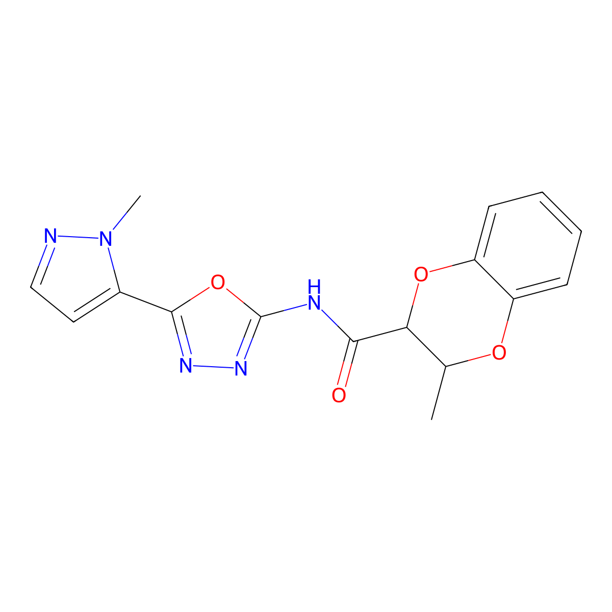 3-methyl-N-[5-(1-methyl-1H-pyrazol-5-yl)-1,3,4-oxadiazol-2-yl]-2,3-dihydro-1,4-benzodioxine-2-carboxamide molecular structure, CAS 1172012-57-5