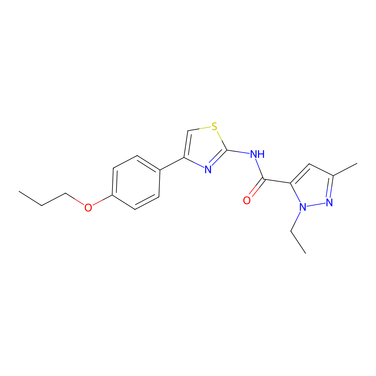 1-ethyl-3-methyl-N-(4-(4-propoxyphenyl)thiazol-2-yl)-1H-pyrazole-5-carboxamide molecular structure, CAS 1172014-50-4