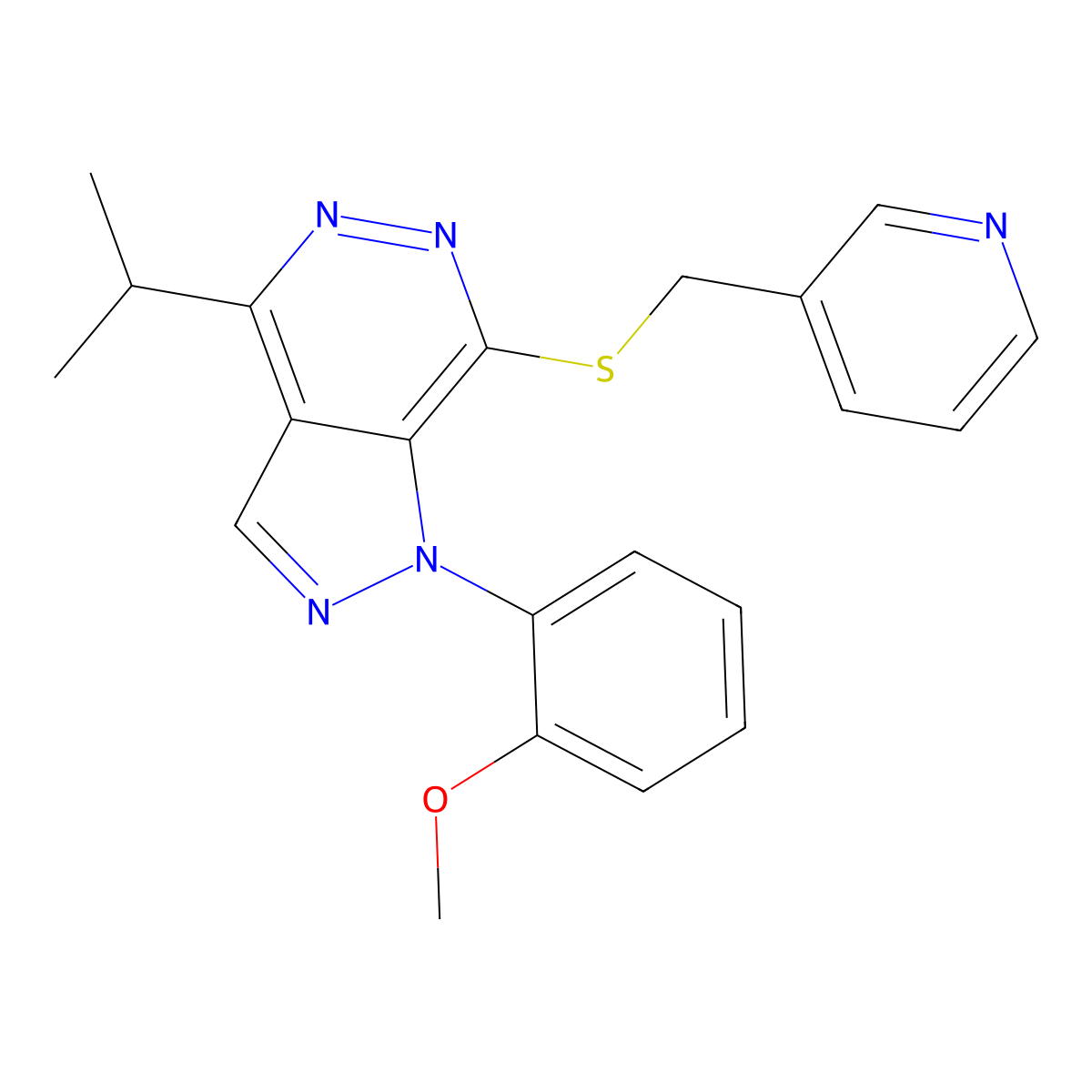 4-isopropyl-1-(2-methoxyphenyl)-7-((pyridin-3-ylmethyl)thio)-1H-pyrazolo[3,4-d]pyridazine molecular structure, CAS 1172016-60-2