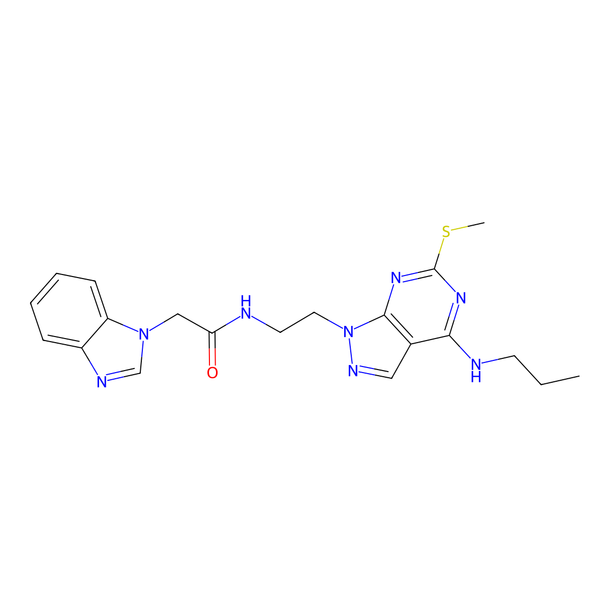 2-(1H-benzo[d]imidazol-1-yl)-N-(2-(6-(methylthio)-4-(propylamino)-1H-pyrazolo[3,4-d]pyrimidin-1-yl)ethyl)acetamide molecular structure, CAS 1172017-61-6