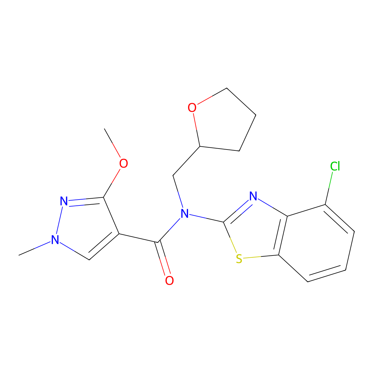 N-(4-chlorobenzo[d]thiazol-2-yl)-3-methoxy-1-methyl-N-((tetrahydrofuran-2-yl)methyl)-1H-pyrazole-4-carboxamide molecular structure, CAS 1172018-38-0