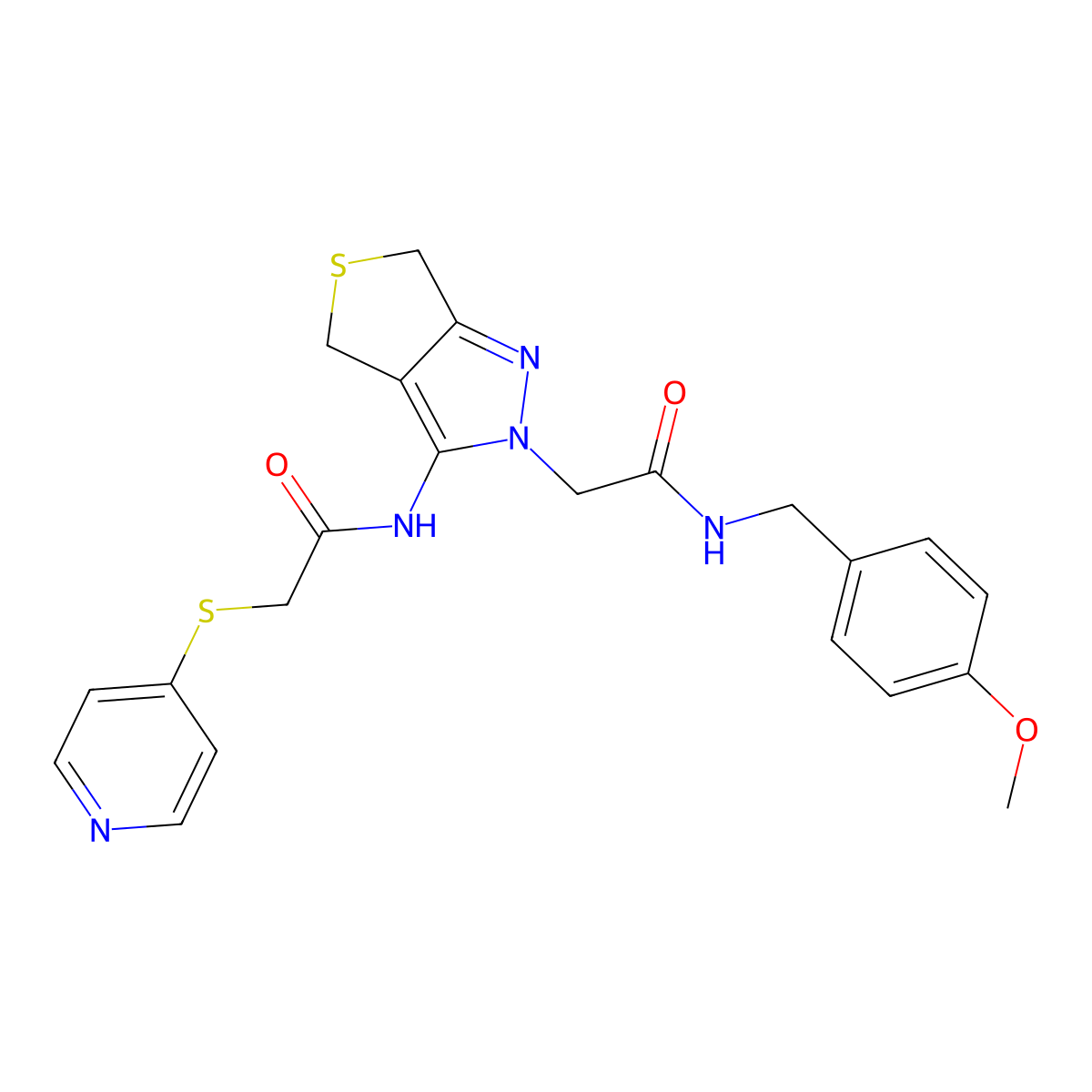 N-(4-methoxybenzyl)-2-(3-(2-(pyridin-4-ylthio)acetamido)-4,6-dihydro-2H-thieno[3,4-c]pyrazol-2-yl)acetamide molecular structure, CAS 1172018-53-9