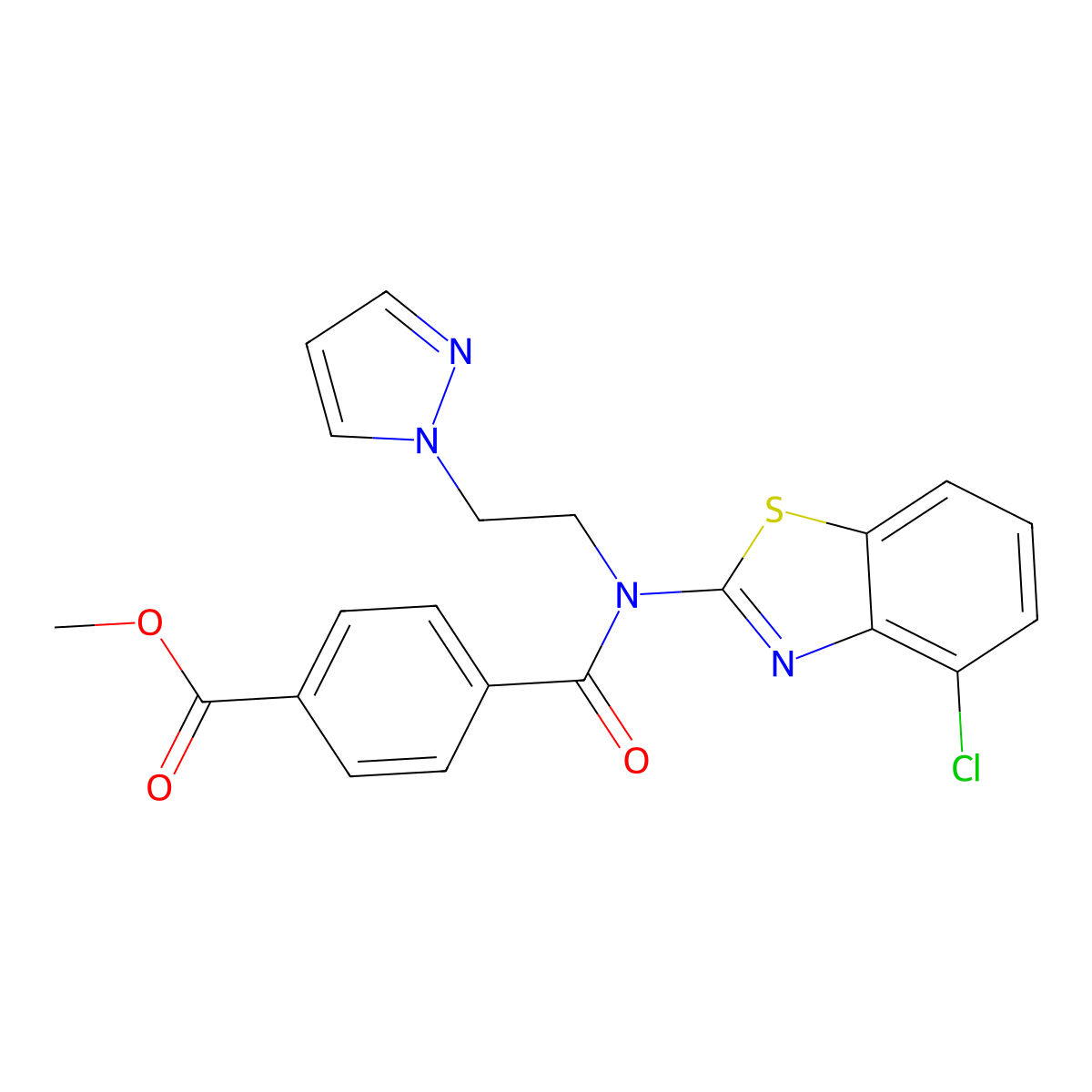 methyl 4-((2-(1H-pyrazol-1-yl)ethyl)(4-chlorobenzo[d]thiazol-2-yl)carbamoyl)benzoate molecular structure, CAS 1172021-78-1