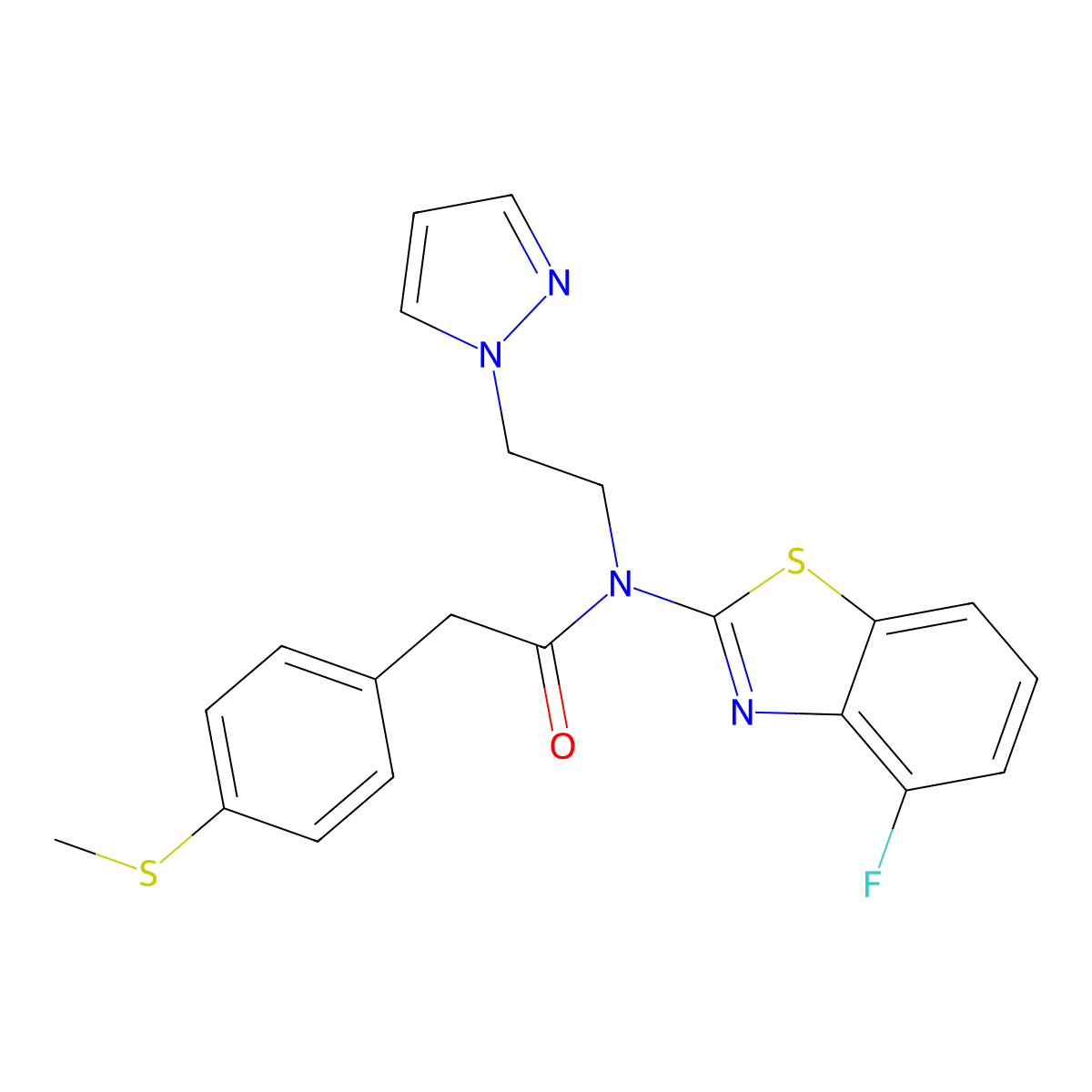 N-(2-(1H-pyrazol-1-yl)ethyl)-N-(4-fluorobenzo[d]thiazol-2-yl)-2-(4-(methylthio)phenyl)acetamide molecular structure, CAS 1172025-86-3