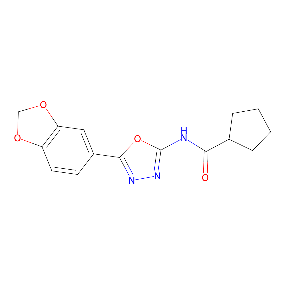 N-(5-(benzo[d][1,3]dioxol-5-yl)-1,3,4-oxadiazol-2-yl)cyclopentanecarboxamide molecular structure, CAS 1172029-92-3
