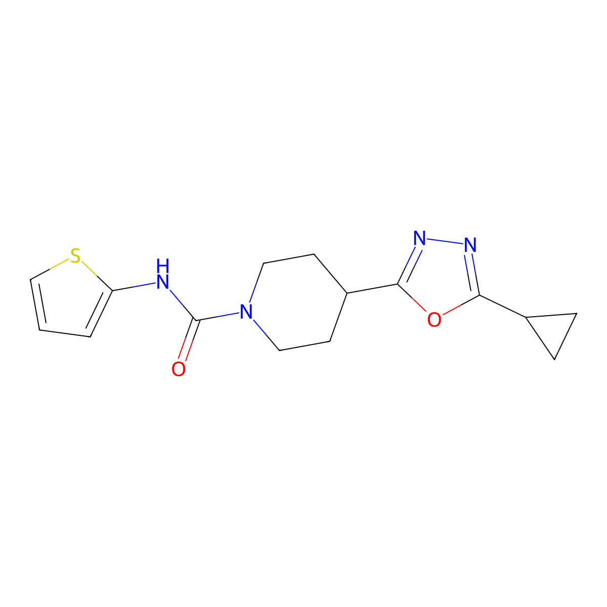 4-(5-cyclopropyl-1,3,4-oxadiazol-2-yl)-N-(thiophen-2-yl)piperidine-1-carboxamide molecular structure, CAS 1172032-22-2