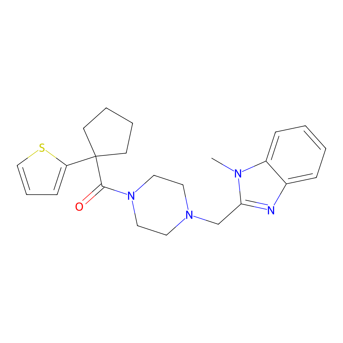 (4-((1-methyl-1H-benzo[d]imidazol-2-yl)methyl)piperazin-1-yl)(1-(thiophen-2-yl)cyclopentyl)methanone molecular structure, CAS 1172033-86-1