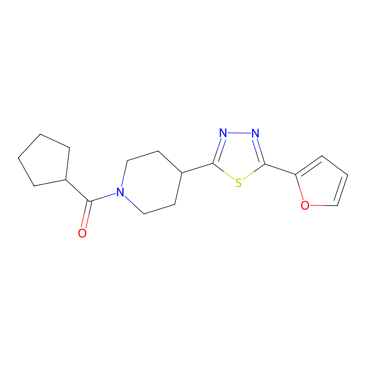 Cyclopentyl(4-(5-(furan-2-yl)-1,3,4-thiadiazol-2-yl)piperidin-1-yl)methanone molecular structure, CAS 1172035-95-8