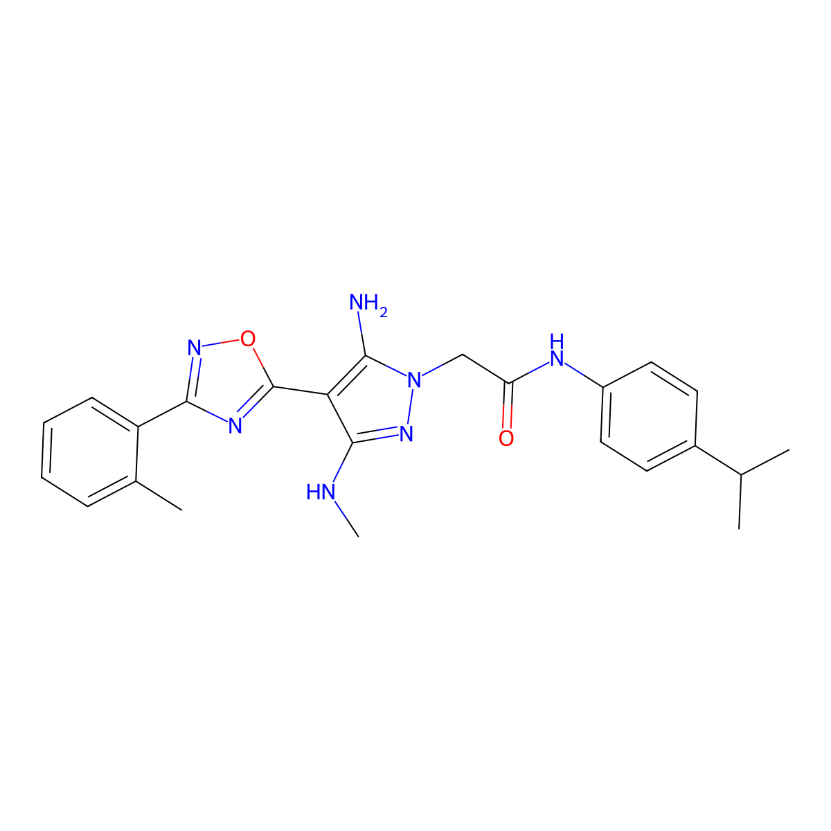 2-[5-amino-3-(methylamino)-4-[3-(2-methylphenyl)-1,2,4-oxadiazol-5-yl]-1H-pyrazol-1-yl]-N-[4-(propan-2-yl)phenyl]acetamide molecular structure, CAS 1172039-14-3