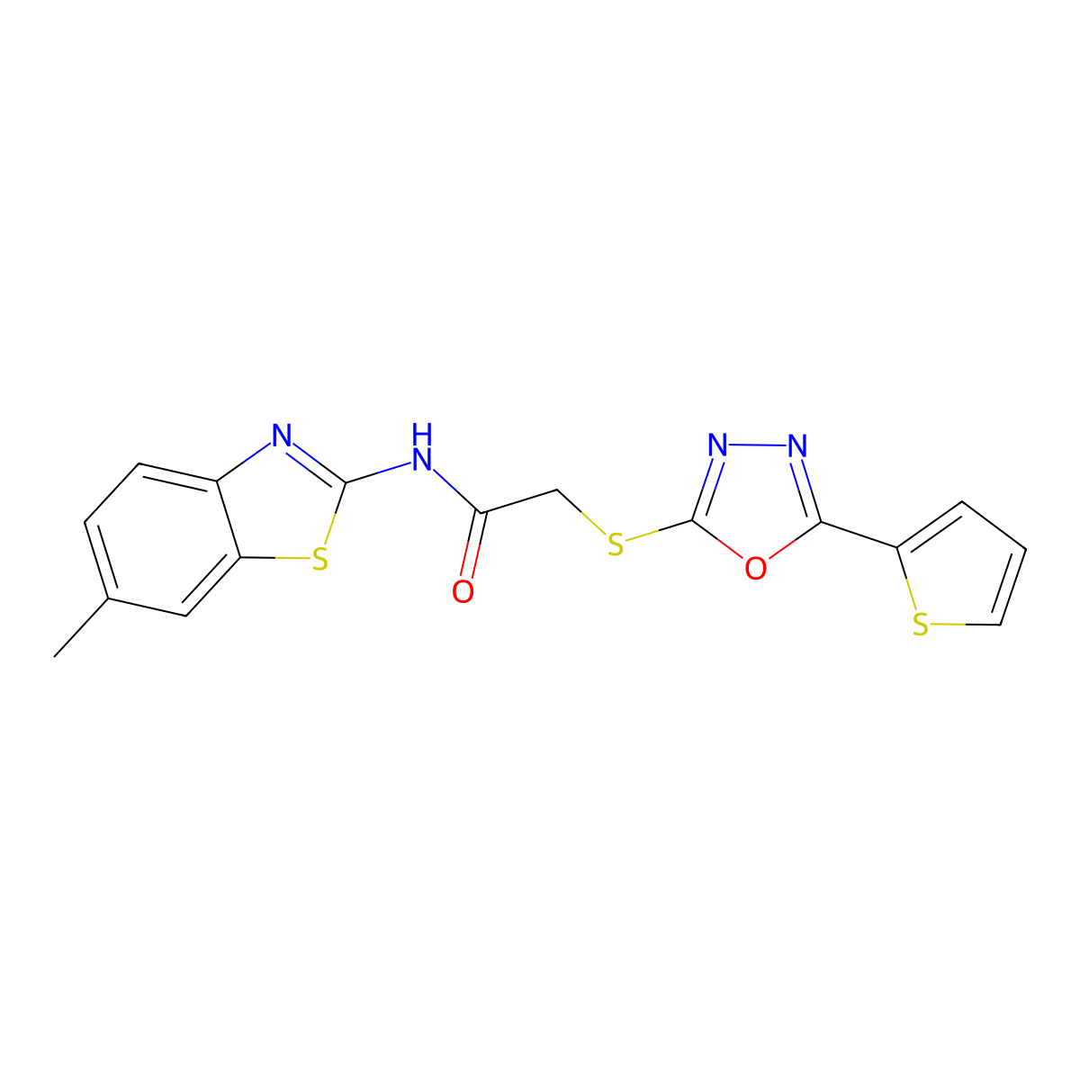 N-(6-methylbenzo[d]thiazol-2-yl)-2-((5-(thiophen-2-yl)-1,3,4-oxadiazol-2-yl)thio)acetamide molecular structure, CAS 1172039-50-7