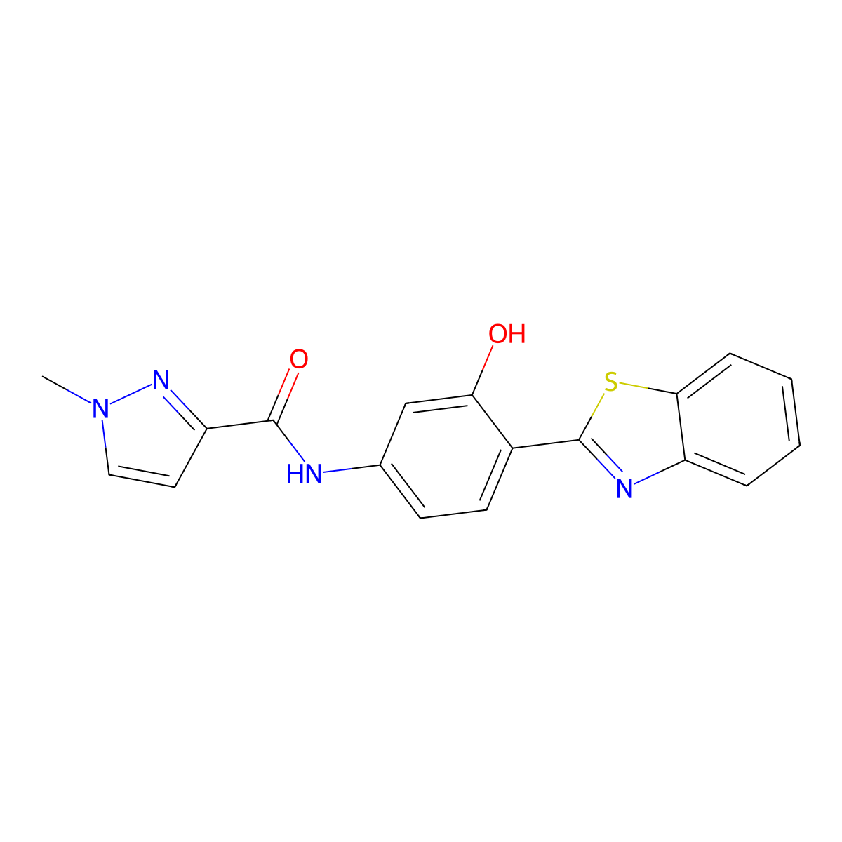 N-(4-(benzo[d]thiazol-2-yl)-3-hydroxyphenyl)-1-methyl-1H-pyrazole-3-carboxamide molecular structure, CAS 1172039-90-5