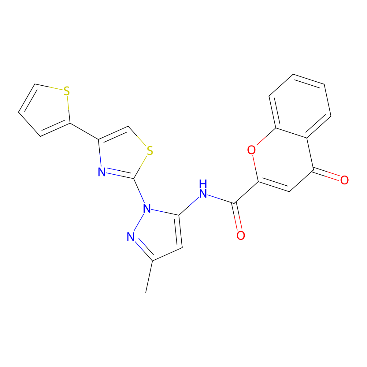 N-(3-methyl-1-(4-(thiophen-2-yl)thiazol-2-yl)-1H-pyrazol-5-yl)-4-oxo-4H-chromene-2-carboxamide molecular structure, CAS 1172041-26-7