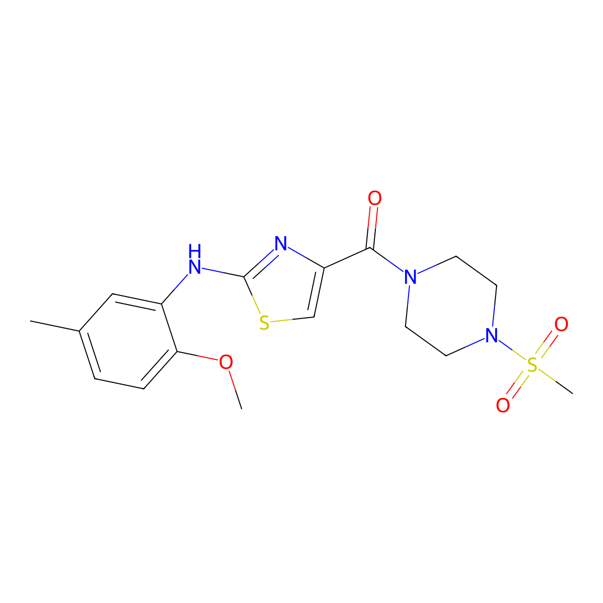 (2-((2-Methoxy-5-methylphenyl)amino)thiazol-4-yl)(4-(methylsulfonyl)piperazin-1-yl)methanone molecular structure, CAS 1172042-01-1