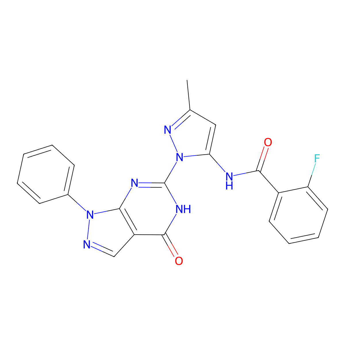 2-fluoro-N-(3-methyl-1-(4-oxo-1-phenyl-4,5-dihydro-1H-pyrazolo[3,4-d]pyrimidin-6-yl)-1H-pyrazol-5-yl)benzamide molecular structure, CAS 1172042-37-3
