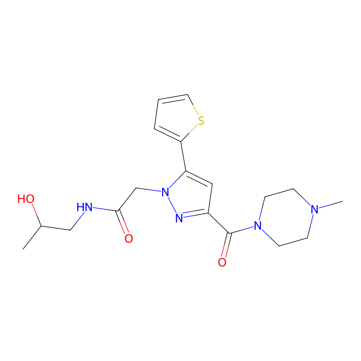 N-(2-hydroxypropyl)-2-(3-(4-methylpiperazine-1-carbonyl)-5-(thiophen-2-yl)-1H-pyrazol-1-yl)acetamide molecular structure, CAS 1172042-69-1