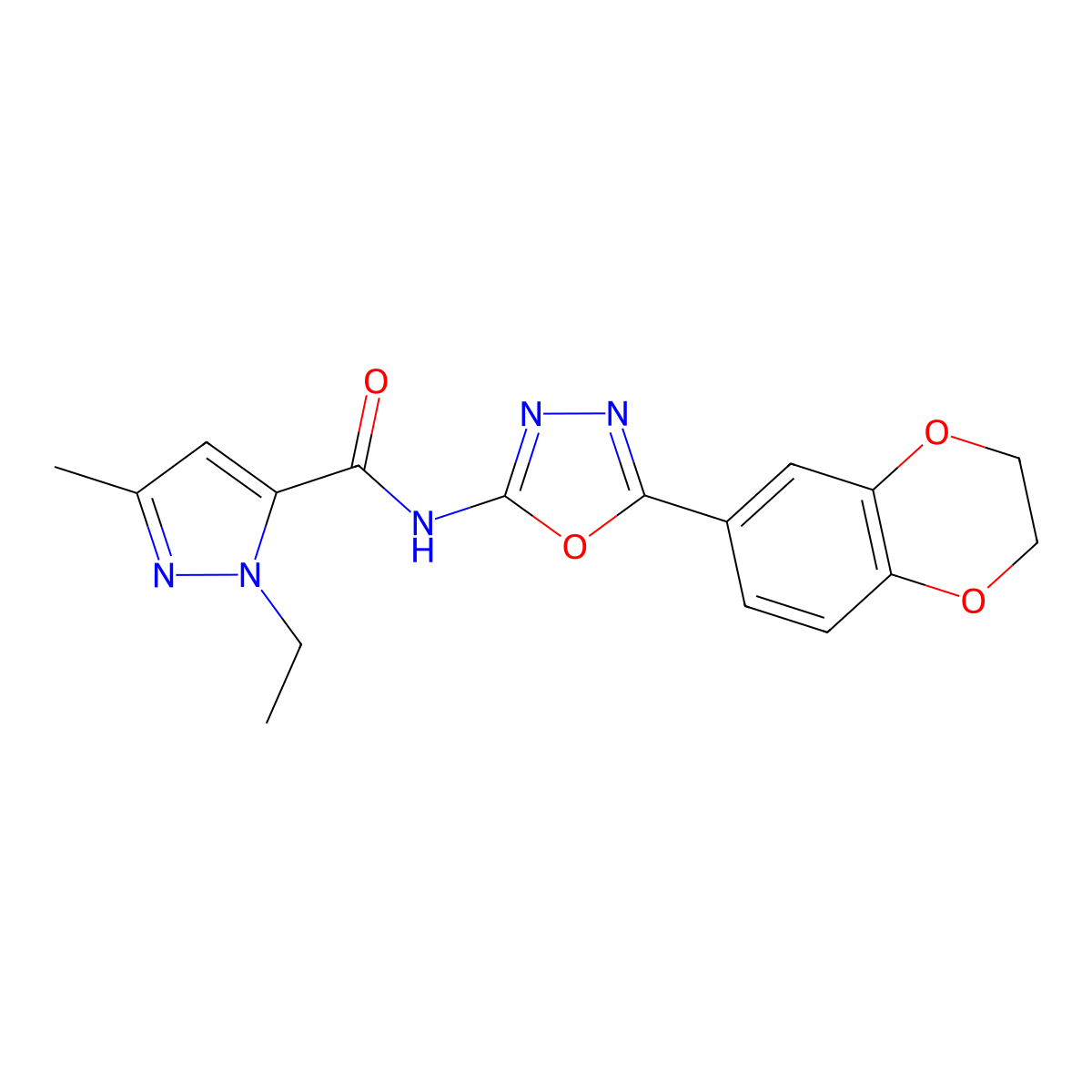 N-[5-(2,3-dihydro-1,4-benzodioxin-6-yl)-1,3,4-oxadiazol-2-yl]-1-ethyl-3-methyl-1H-pyrazole-5-carboxamide molecular structure, CAS 1172042-93-1