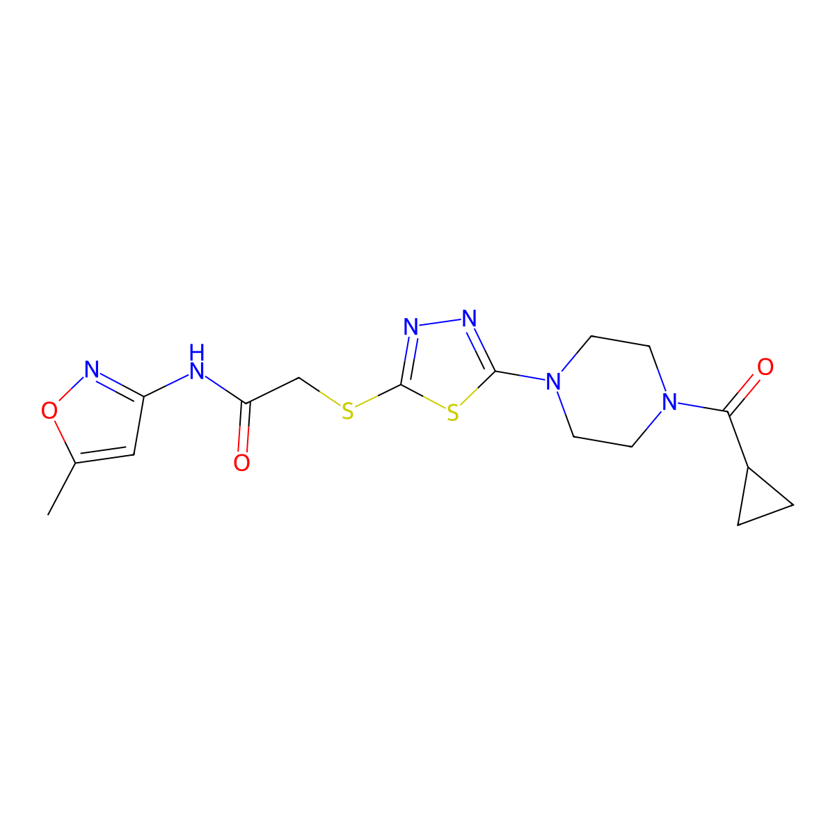 2-((5-(4-(cyclopropanecarbonyl)piperazin-1-yl)-1,3,4-thiadiazol-2-yl)thio)-N-(5-methylisoxazol-3-yl)acetamide molecular structure, CAS 1172045-20-3