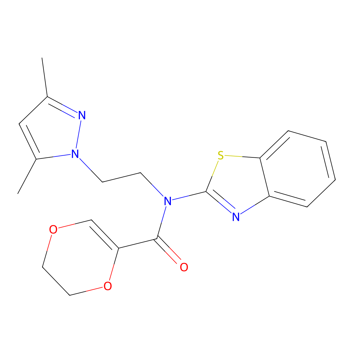 N-(benzo[d]thiazol-2-yl)-N-(2-(3,5-dimethyl-1H-pyrazol-1-yl)ethyl)-5,6-dihydro-1,4-dioxine-2-carboxamide molecular structure, CAS 1172046-68-2