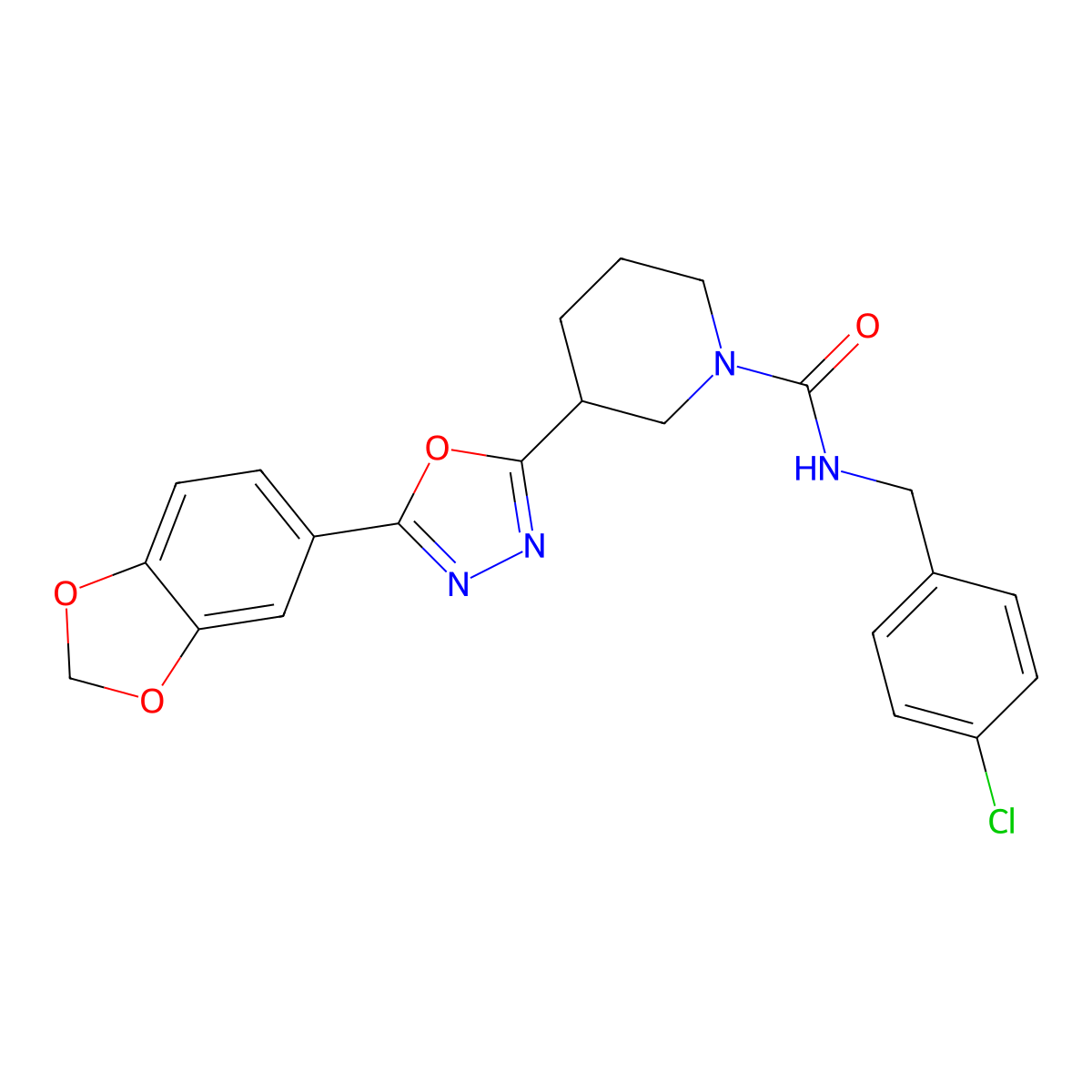 3-(5-(benzo[d][1,3]dioxol-5-yl)-1,3,4-oxadiazol-2-yl)-N-(4-chlorobenzyl)piperidine-1-carboxamide molecular structure, CAS 1172046-70-6