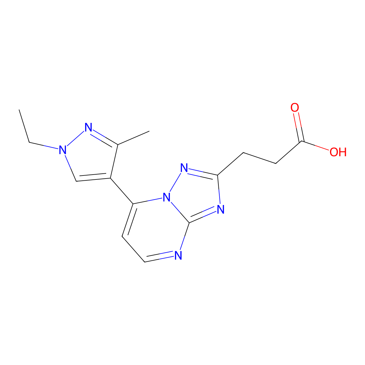 3-(7-(1-Ethyl-3-methyl-1H-pyrazol-4-yl)-[1,2,4]triazolo[1,5-a]pyrimidin-2-yl)propanoic acid molecular structure, CAS 1172048-86-0