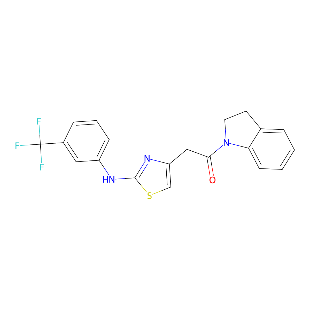 1-(Indolin-1-yl)-2-(2-((3-(trifluoromethyl)phenyl)amino)thiazol-4-yl)ethanone molecular structure, CAS 1172048-94-0