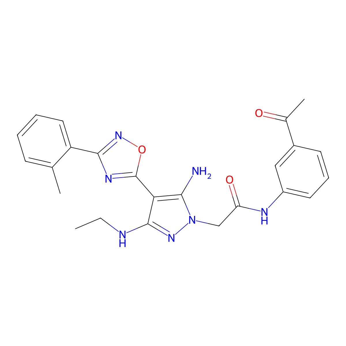 N-(3-acetylphenyl)-2-(5-amino-3-(ethylamino)-4-(3-(o-tolyl)-1,2,4-oxadiazol-5-yl)-1H-pyrazol-1-yl)acetamide molecular structure, CAS 1172052-03-7