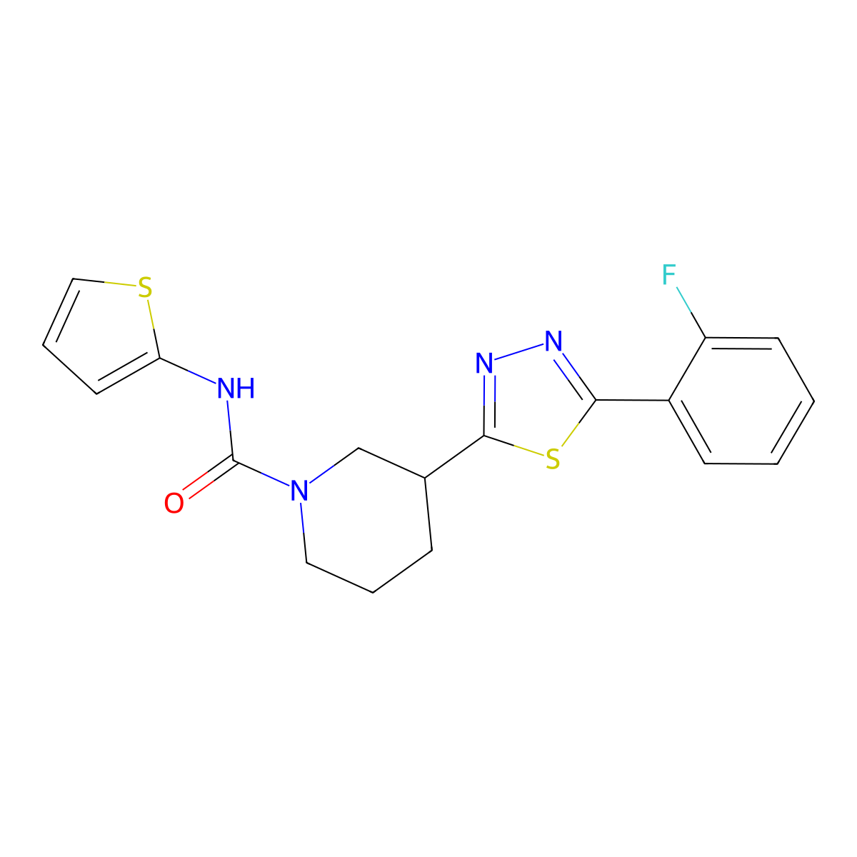 3-(5-(2-fluorophenyl)-1,3,4-thiadiazol-2-yl)-N-(thiophen-2-yl)piperidine-1-carboxamide molecular structure, CAS 1172052-64-0