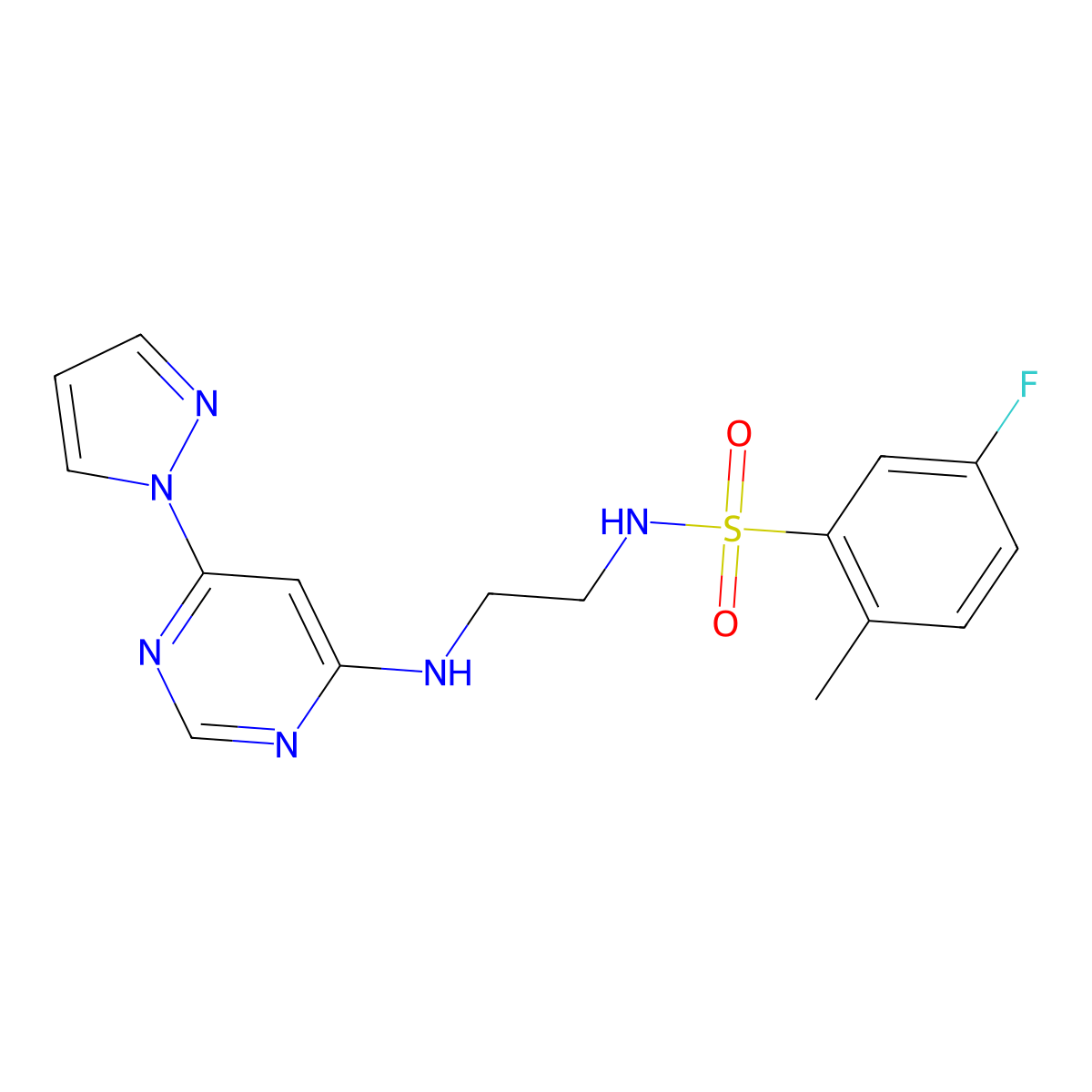 N-(2-((6-(1H-pyrazol-1-yl)pyrimidin-4-yl)amino)ethyl)-5-fluoro-2-methylbenzenesulfonamide molecular structure, CAS 1172053-33-6