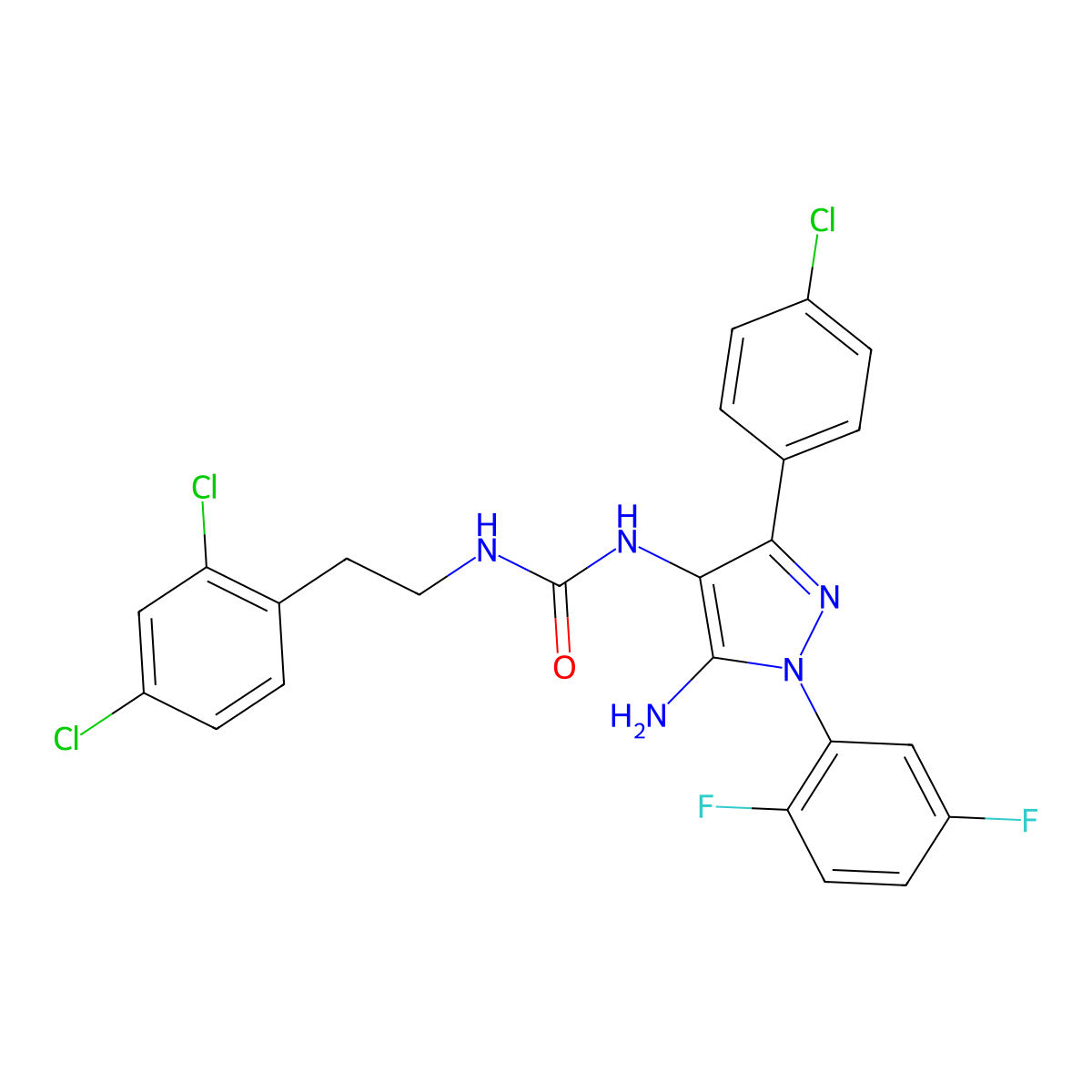 N-[5-amino-3-(4-chlorophenyl)-1-(2,5-difluorophenyl)-1H-pyrazol-4-yl]-N'-(2,4-dichlorophenethyl)urea molecular structure, CAS 1172053-96-1